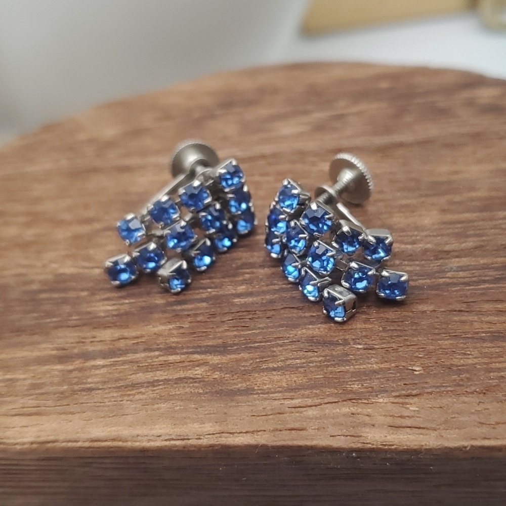 Antique 1900s art deco shining blue crystal water drop screwback earrings‎ E264